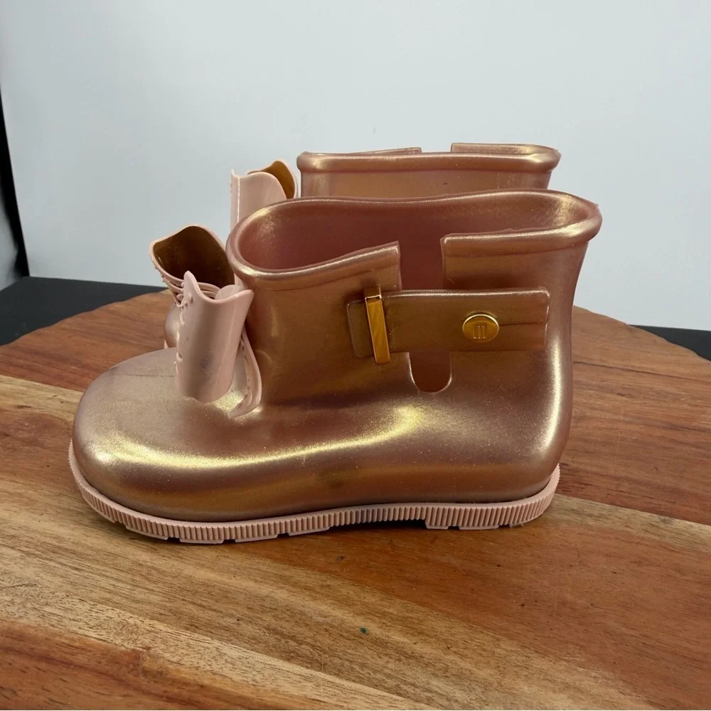 Mini Melissa Sugar Rain Bow boots rose gold glitter finish toddler girls sz 8